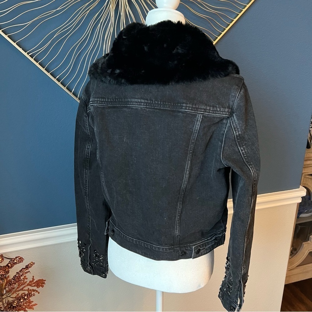 NWT Guess Dora Black Denim Jacket with Fur and Embellishments - Picture 6 of 8